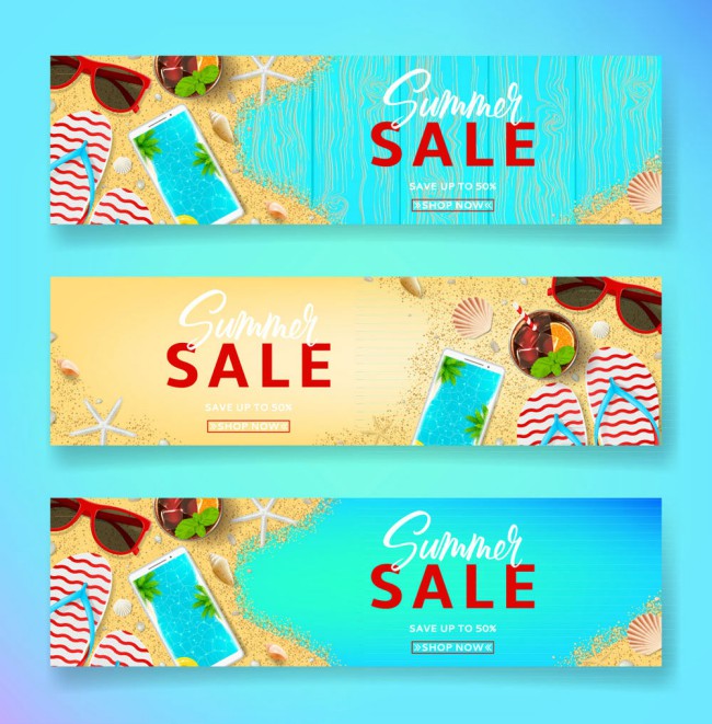 3款夏季沙滩元素促销banner矢量素材16图库网精选