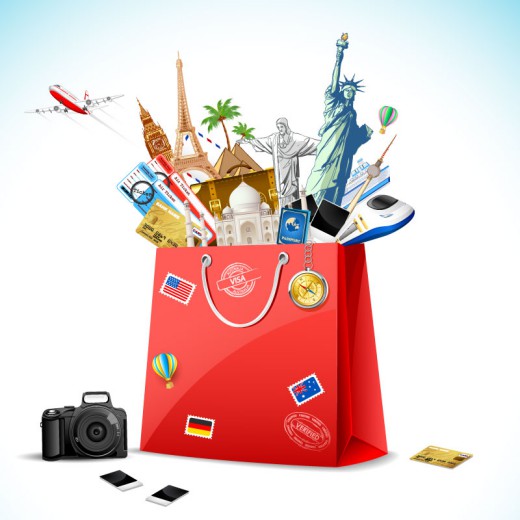 创意环球旅行购物袋背景矢量素材素