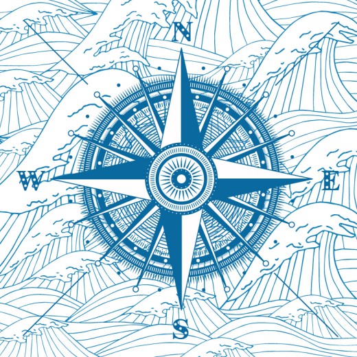 彩绘复古指南针和与海浪矢量素材16图库网精选