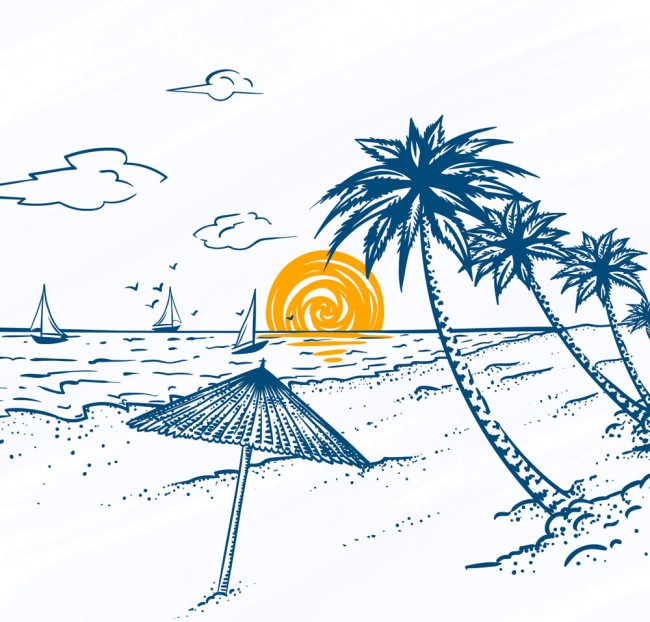 彩绘夏季海滩棕榈树风景矢量素材16图库网精选
