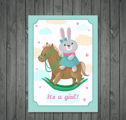 可爱骑木马的兔子迎婴贺卡矢量图16设计网精选