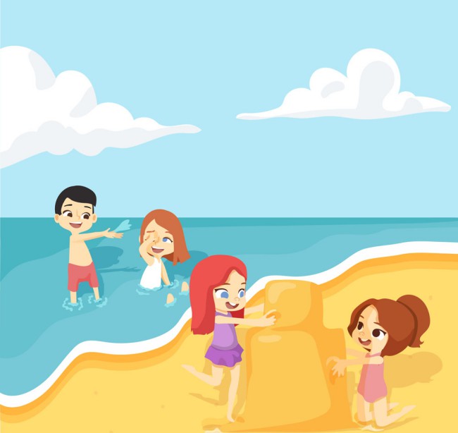 卡通海边沙滩玩耍的4个孩子矢量素材普贤居素材网精选