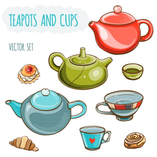 6款彩色茶壶与茶杯矢量素材16图库网精选