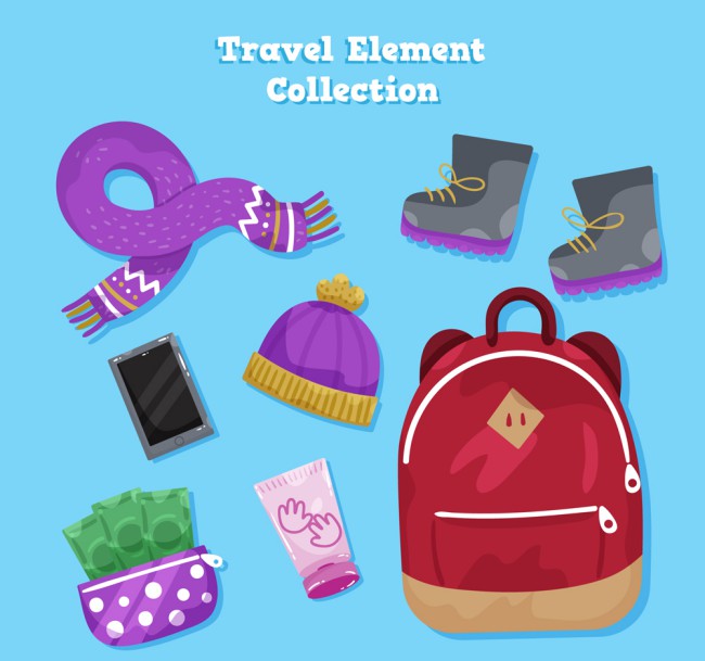 7款紫色冬季旅行物品矢量素材素材