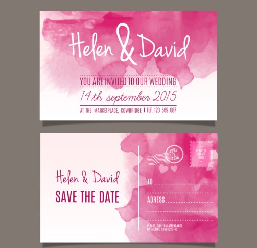 粉色水彩婚礼邀请卡片矢量图16素材
