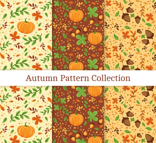 3款彩色秋季南瓜和橡子无缝背景矢量图普贤居素材网精选