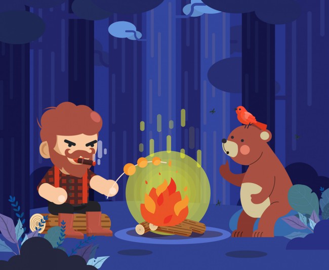 创意树林里烤火的男子和棕熊矢量图素材天下精选