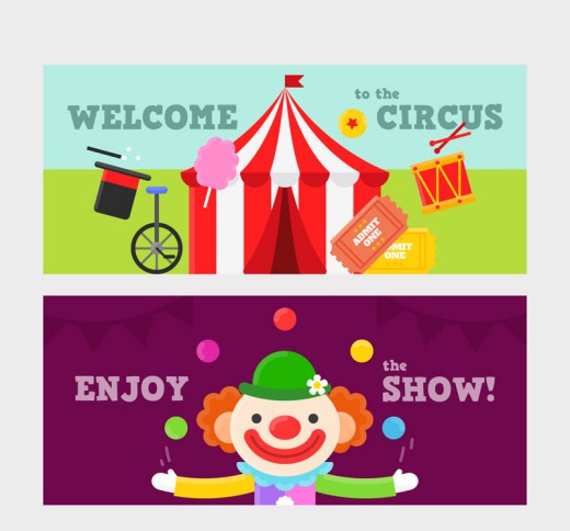 2款彩色马戏团和小丑banner矢量素