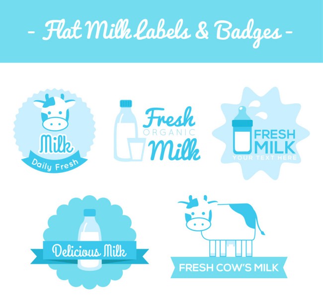 5款蓝色牛奶标签和徽章矢量图普贤居素材网精选