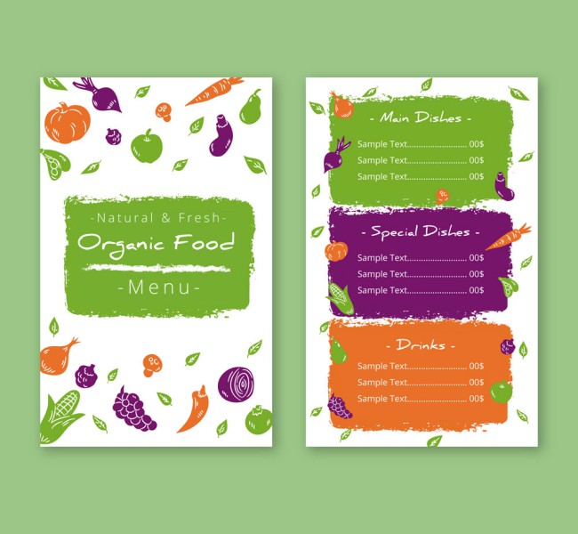 彩绘蔬菜装饰有机餐厅菜单正反面矢量素材16图库网精选