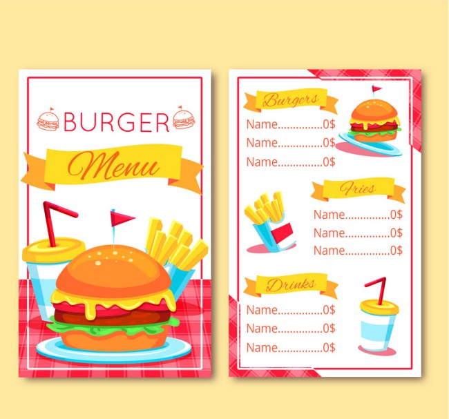 彩色汉堡包店菜单正反面矢量图16素材网精选