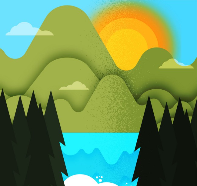 创意山和太阳湖泊风景矢量图16素材网精选