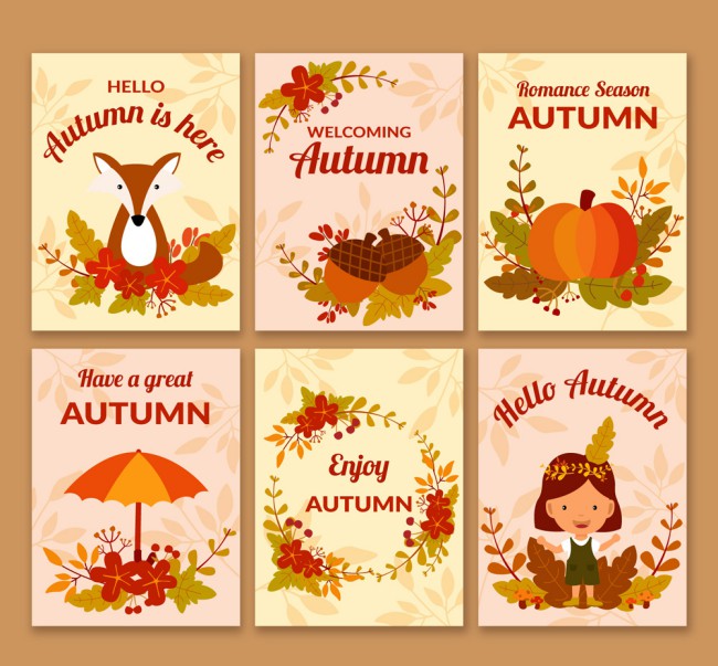 6款可爱秋季祝福卡片矢量素材16素材网精选