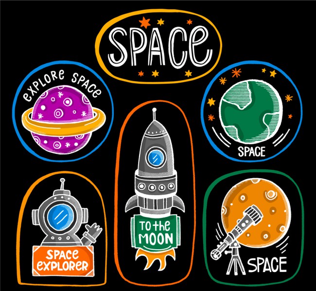 6款彩色太空探索标签矢量图16设计网精选