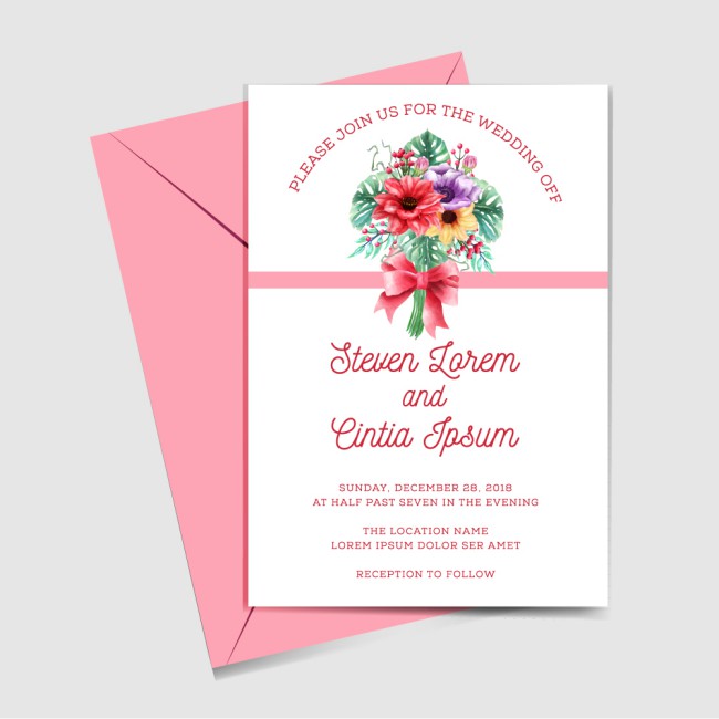 彩绘花束婚礼邀请卡和粉色信封矢量图素材中国网精选