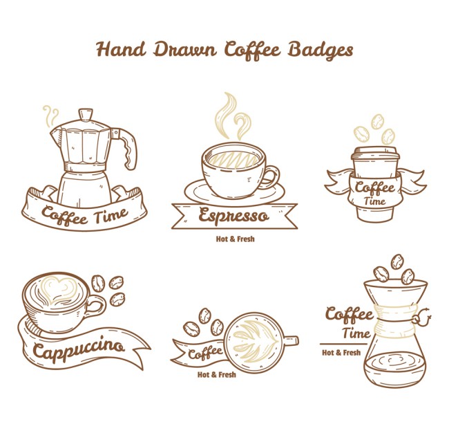 6款手绘咖啡元素徽章矢量素材普贤居素材网精选
