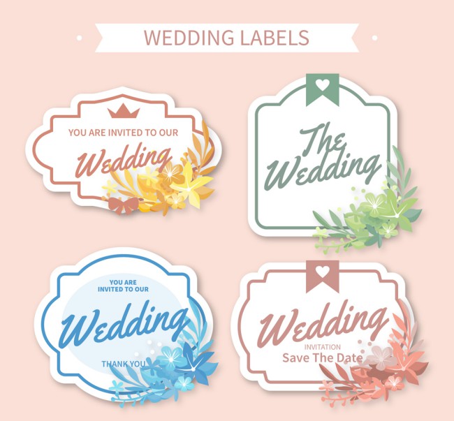 4款素雅婚礼花卉标签矢量素材16图库网精选