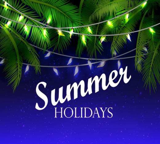 夏日假期彩灯串装饰的棕榈树矢量图素材天下精选