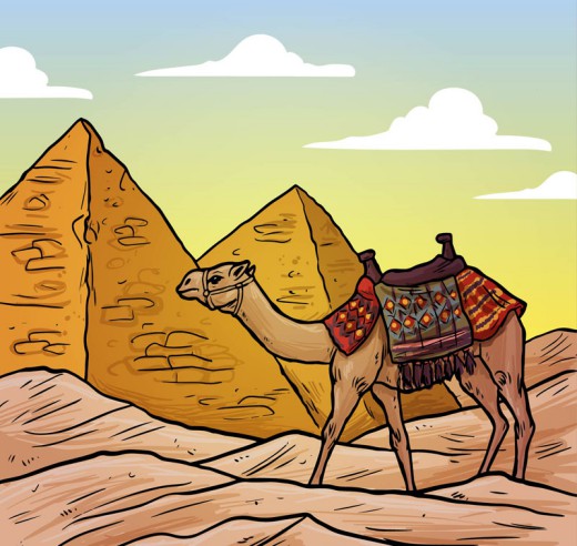 彩绘埃及金字塔和骆驼矢量素材普贤