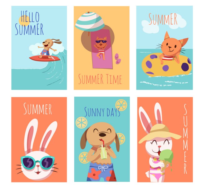 6款创意夏季动物卡片矢量素材16素材网精选