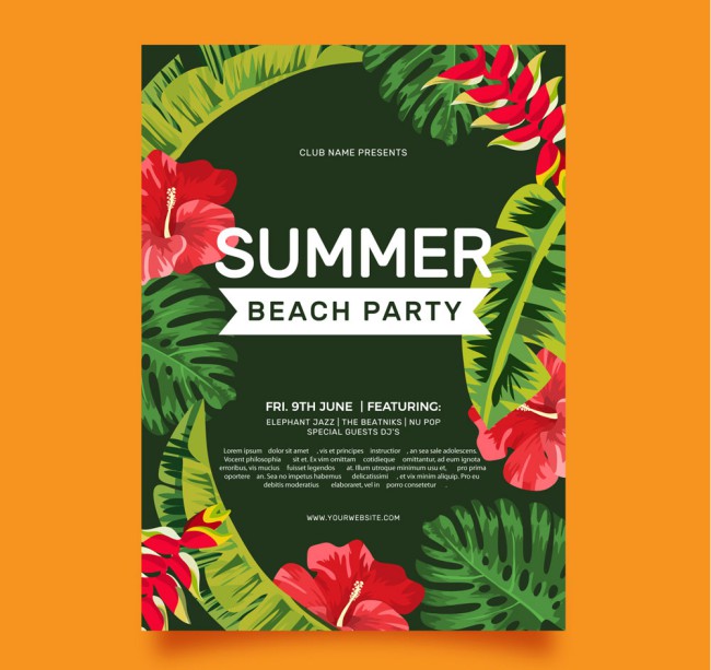 彩绘扶桑花夏季沙滩派对传单矢量图16素材网精选