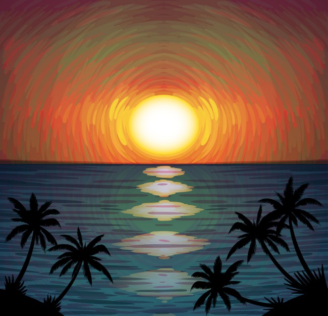创意海边日落和椰子树风景矢量素材16图库网精选