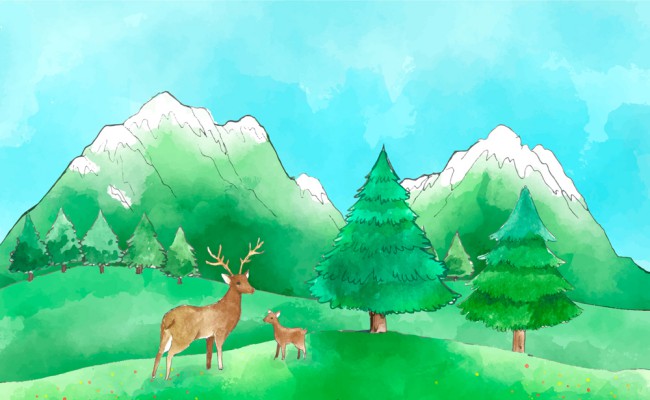 水彩绘郊外自然鹿风景矢量素材16图库网精选