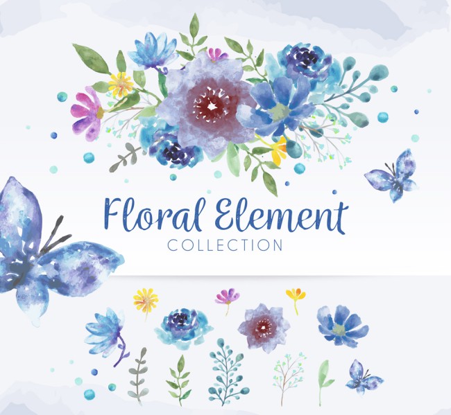 水彩绘蓝色花束蝴蝶和花卉矢量图16图库网精选