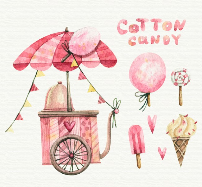 水彩绘粉色棉花糖车和4款甜品矢量图普贤居素材网精选