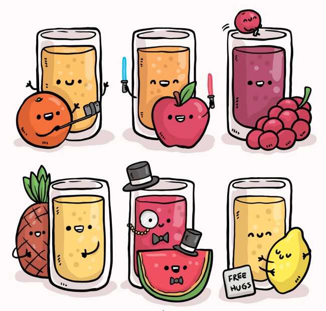 6款手绘表情杯装果汁和水果矢量素