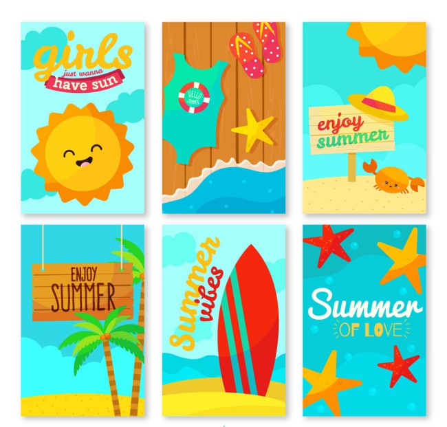 6款卡通夏季度假卡片矢量素材16素材网精选