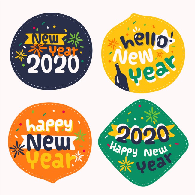 4款彩色2020年新年标签矢量图普贤