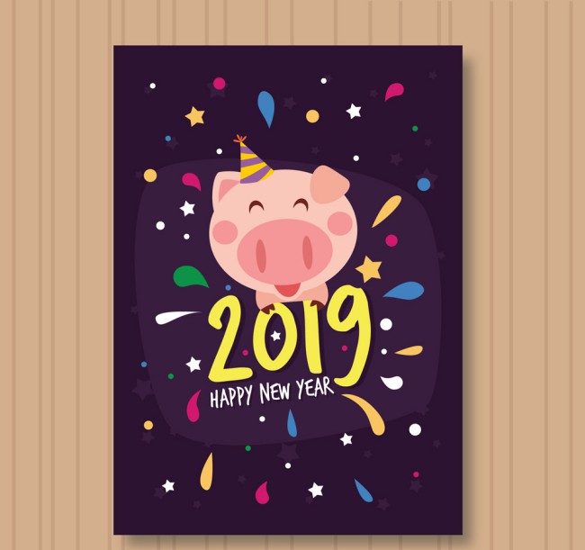 2019年可爱小猪新年贺卡矢量素材16