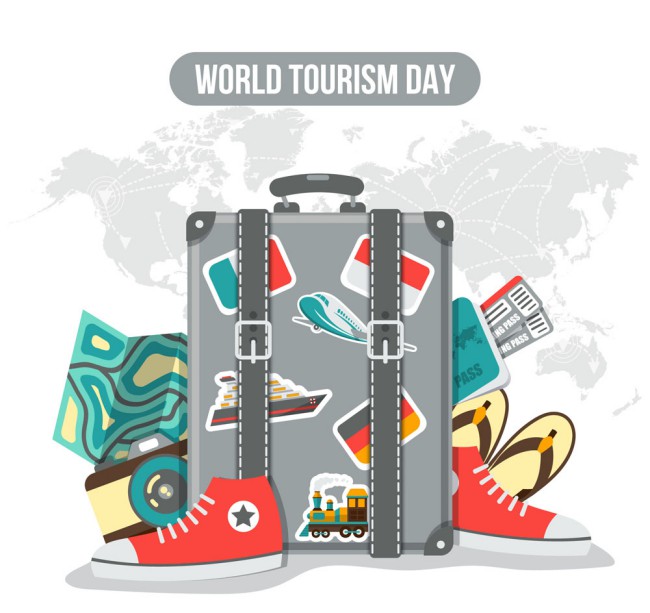 创意世界旅游日行李箱和必需品矢量