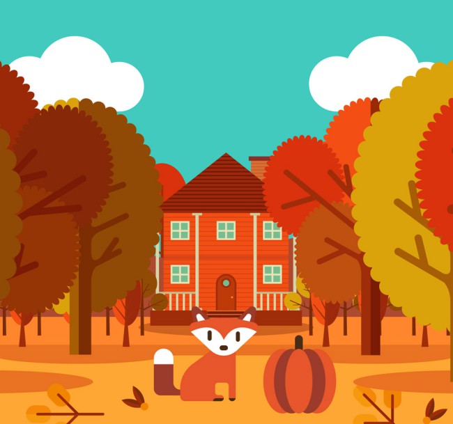 秋季树林里的房屋和狐狸矢量素材16素材网精选