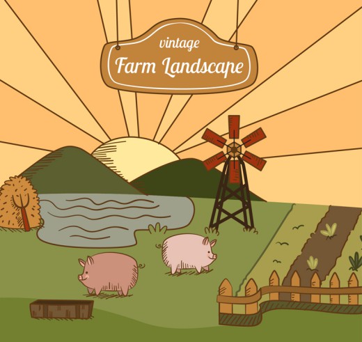 复古彩绘农场风景和猪矢量素材16设计网精选