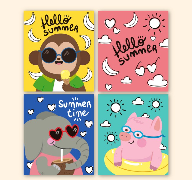 4款彩绘夏季动物卡片矢量图普贤居素材网精选