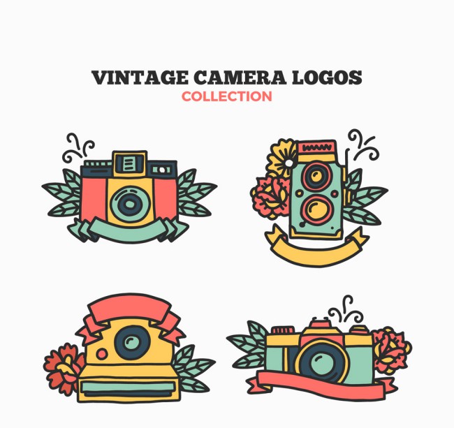 4款彩色照相机和花卉标志矢量图普贤居素材网精选