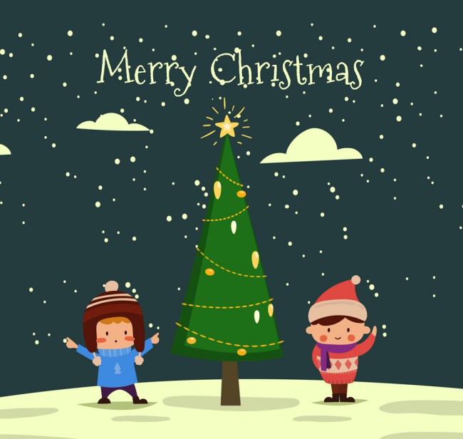 创意圣诞树和2个小朋友矢量图普贤居素材网精选