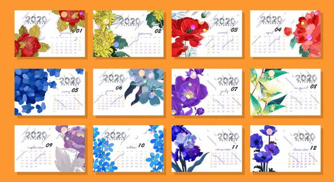 2020年花卉月历卡片矢量素材普贤居