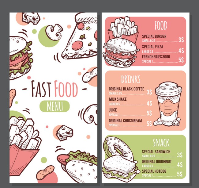 彩绘快餐食物菜单正反面矢量素材普