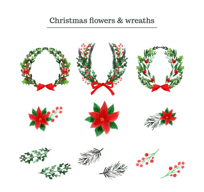 12款彩绘圣诞花卉和花环矢量素材普贤居素材网精选