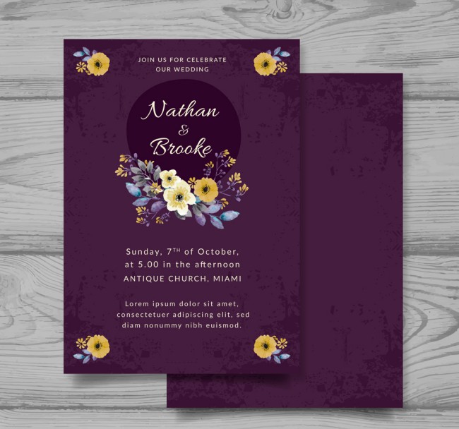 紫色花卉婚礼邀请卡设计矢量素材16图库网精选