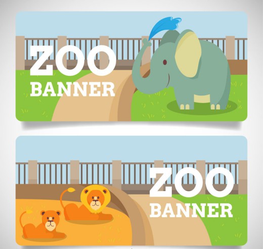 2款可爱大象和狮子动物园banner矢