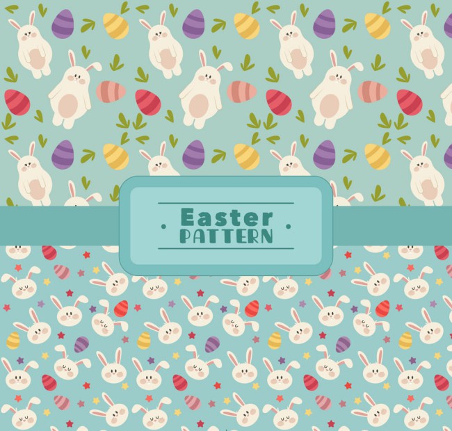 2款彩色兔子和彩蛋无缝背景矢量图普贤居素材网精选