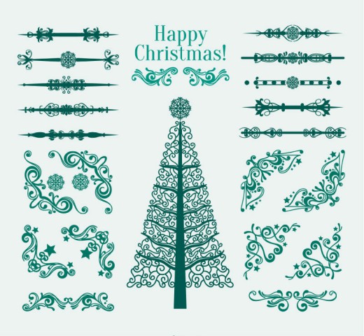 绿色花纹圣诞树与花边矢量素材16素材网精选