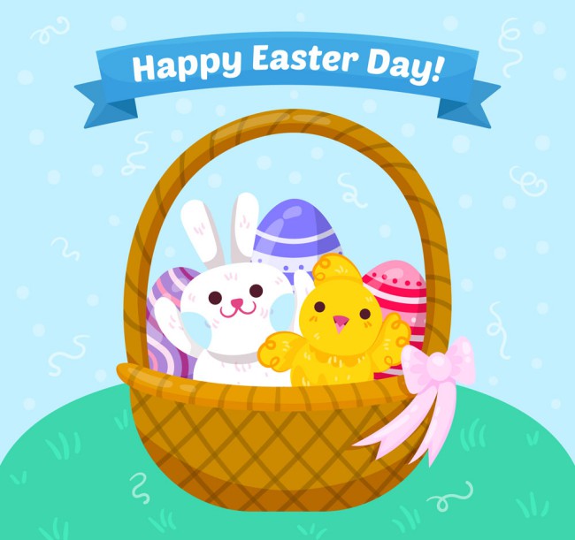 创意复活节篮子里的兔子和鸡仔矢量图普贤居素材网精选