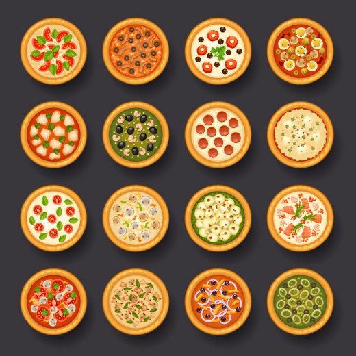 16款美味披萨俯视图矢量素材普贤居