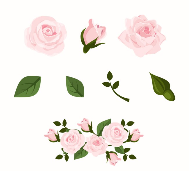 4款粉色玫瑰花和4款叶子矢量图16素材网精选