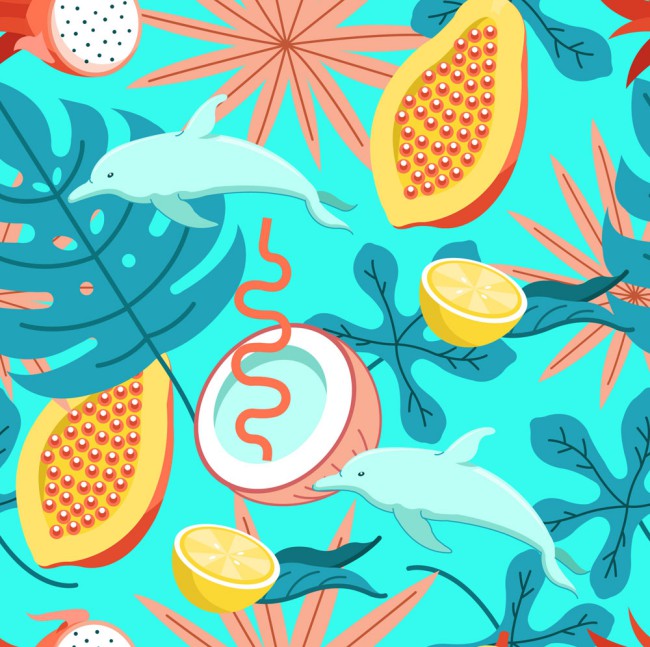 彩色热带水果和海豚无缝背景矢量图16素材网精选